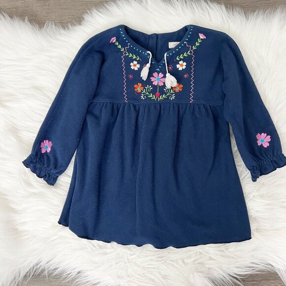 Angel Dear 12-18M Navy Blue Fleece Long Sleeve Embroidered Floral Dress - Picture 1 of 4